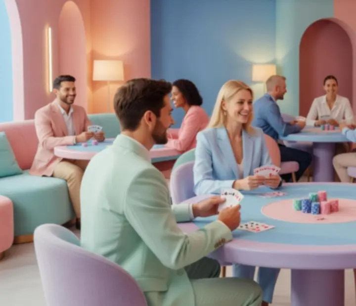 Ilustrace společenského pokerového večírku v pastelových barvách