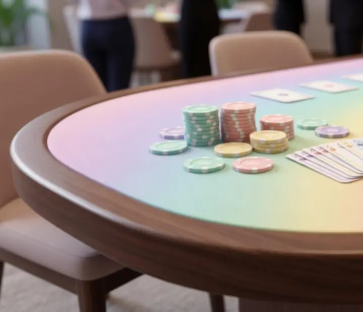 Detail moderního pokerového stolu se žetony a kartami